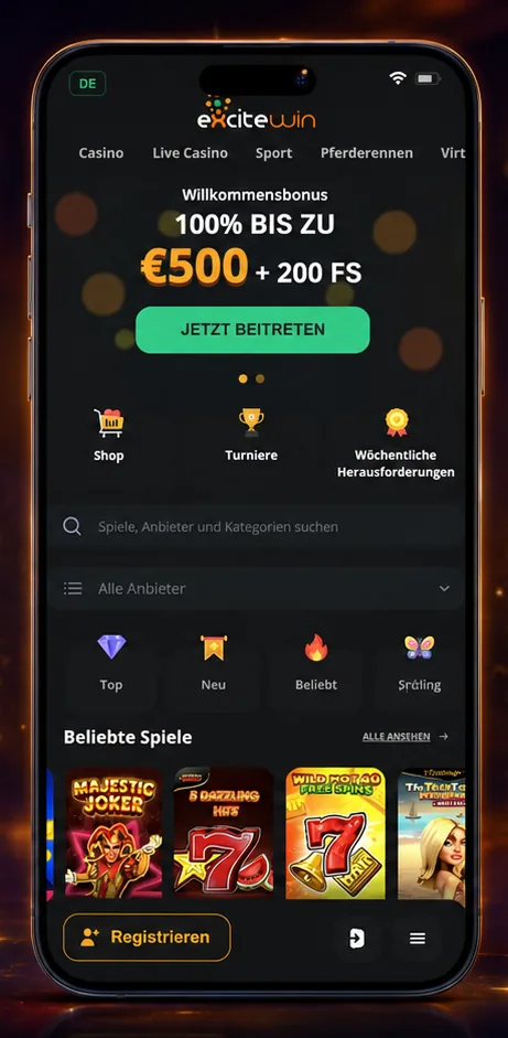 ExciteWin mobile Casino App Ansicht auf Deutsch