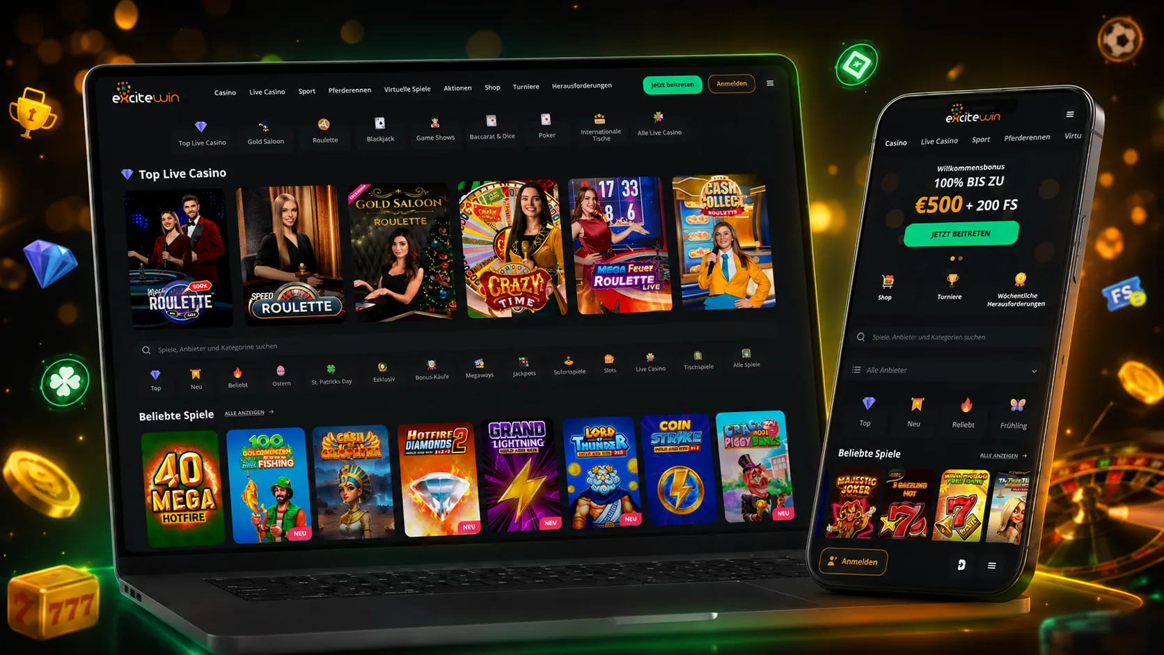 ExciteWin Casino Startseite und Lobby auf Deutsch