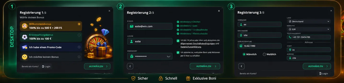 ExciteWin Registrierungsschritte auf Deutsch in Desktop-Ansicht
