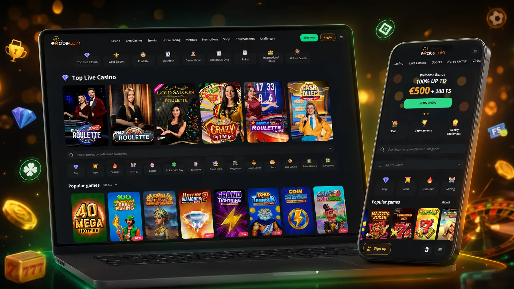 ExciteWin Casino homepage and game lobby