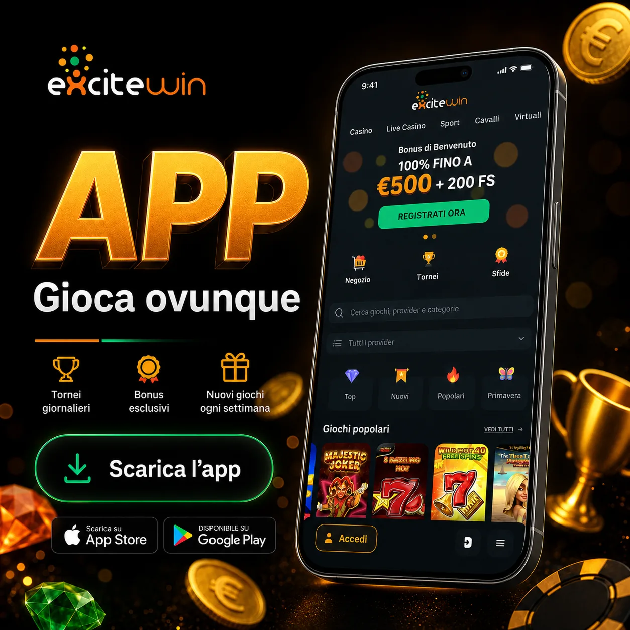 Funzioni dell'app ExciteWin in italiano come anteprima quadrata