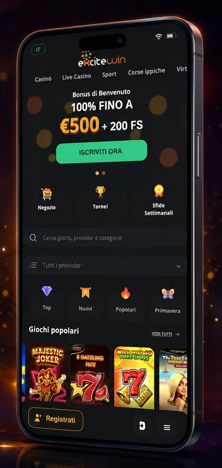Vista mobile dell'app ExciteWin Casino in italiano