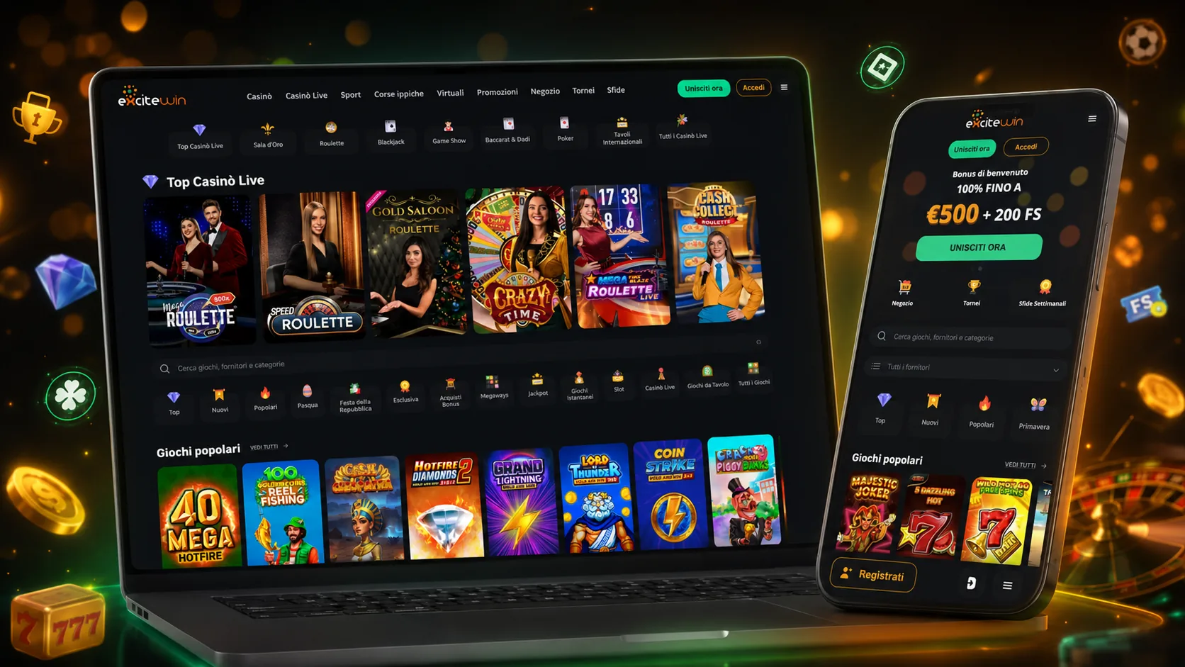 Homepage e lobby di ExciteWin Casino in italiano