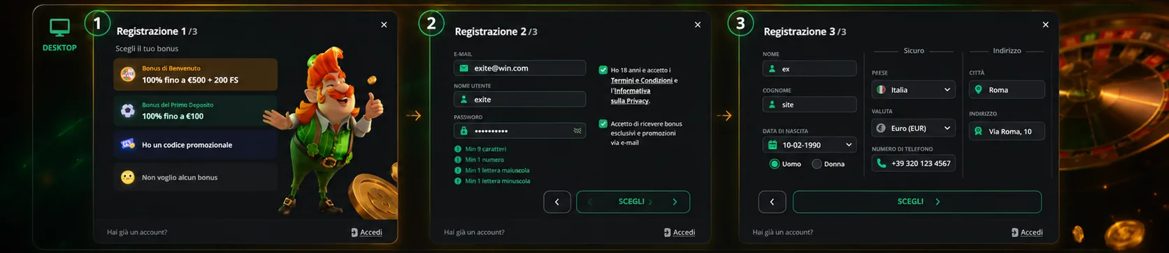 Passaggi di registrazione ExciteWin in italiano su desktop