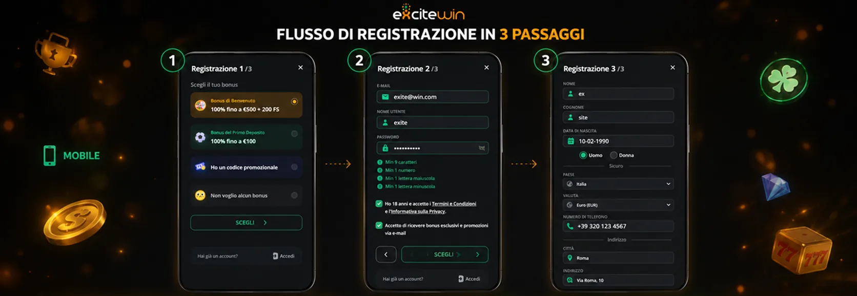 Passaggi di registrazione ExciteWin in italiano su mobile